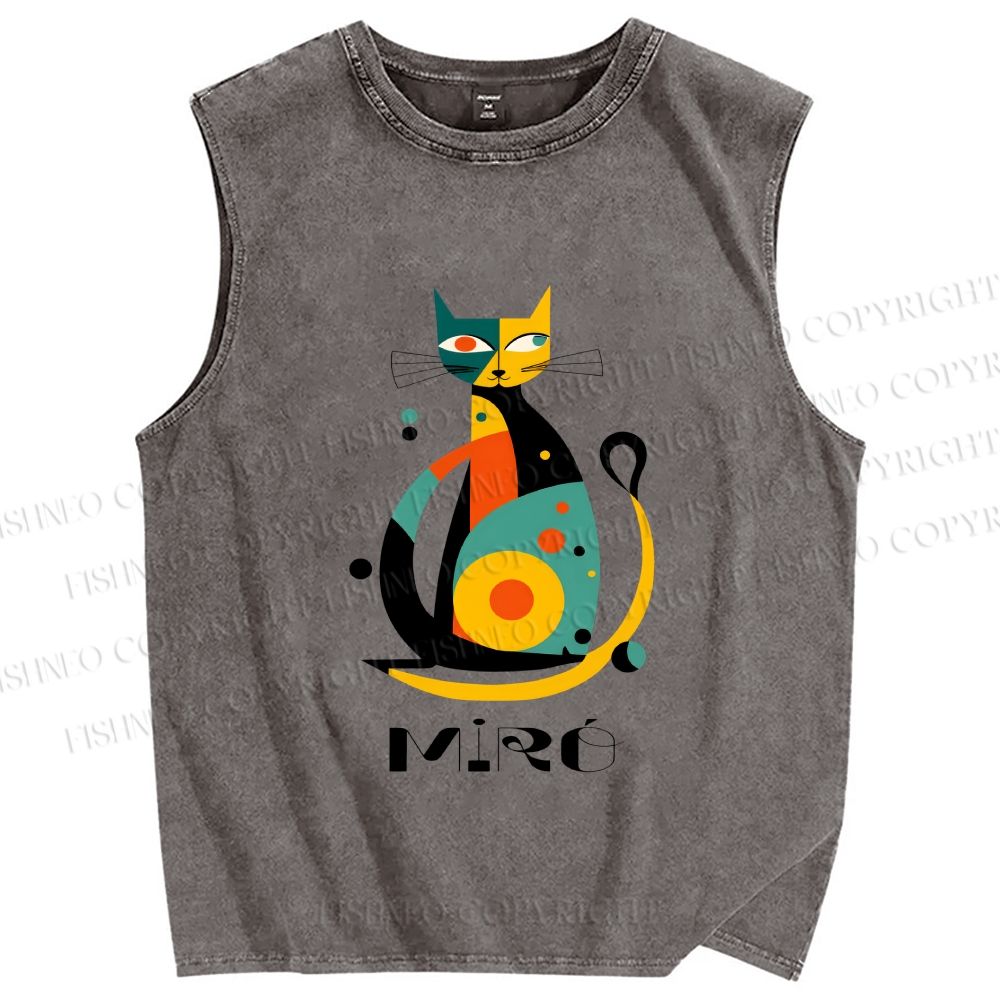 Unisex Joan Miro Design Cat Printed Washed Tank Top