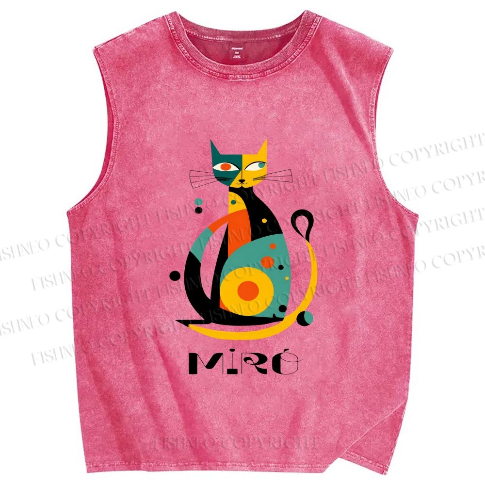Unisex Joan Miro Design Cat Printed Washed Tank Top