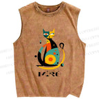 Unisex Joan Miro Design Cat Printed Washed Tank Top