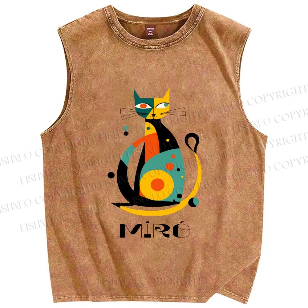 Unisex Joan Miro Design Cat Printed Washed Tank Top