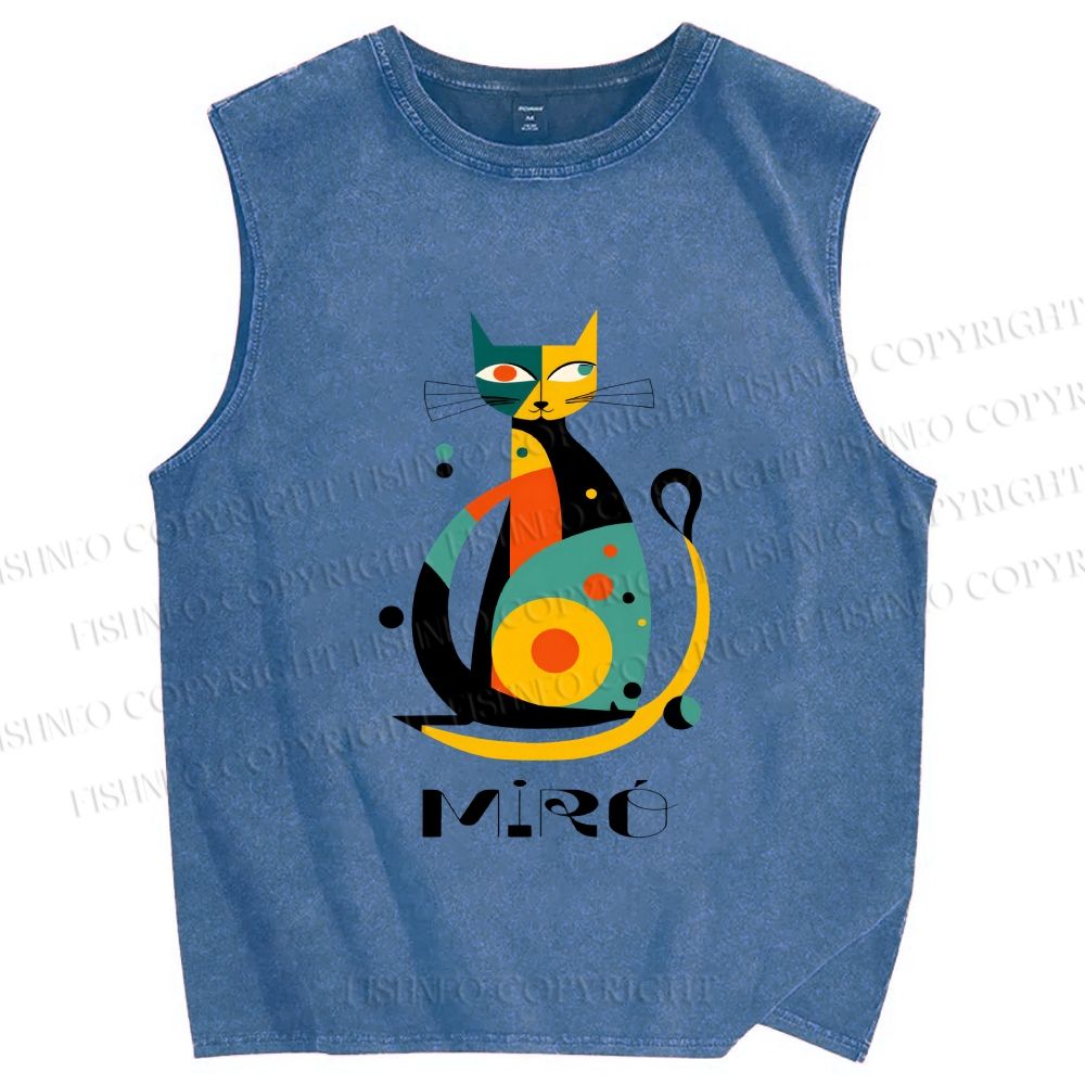 Unisex Joan Miro Design Cat Printed Washed Tank Top