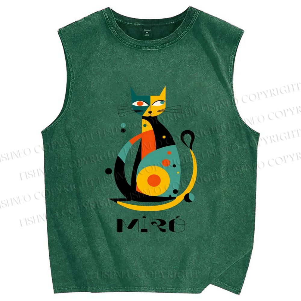 Unisex Joan Miro Design Cat Printed Washed Tank Top