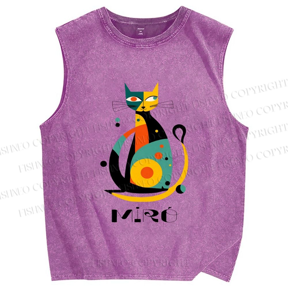 Unisex Joan Miro Design Cat Printed Washed Tank Top