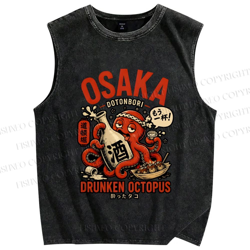 Unisex Japanese Drunken Octopus Osaka Printed Washed Tank Top