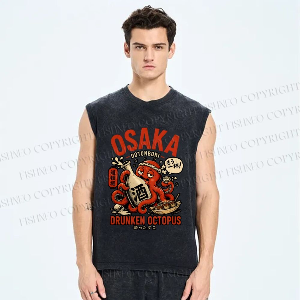 Unisex Japanese Drunken Octopus Osaka Printed Washed Tank Top