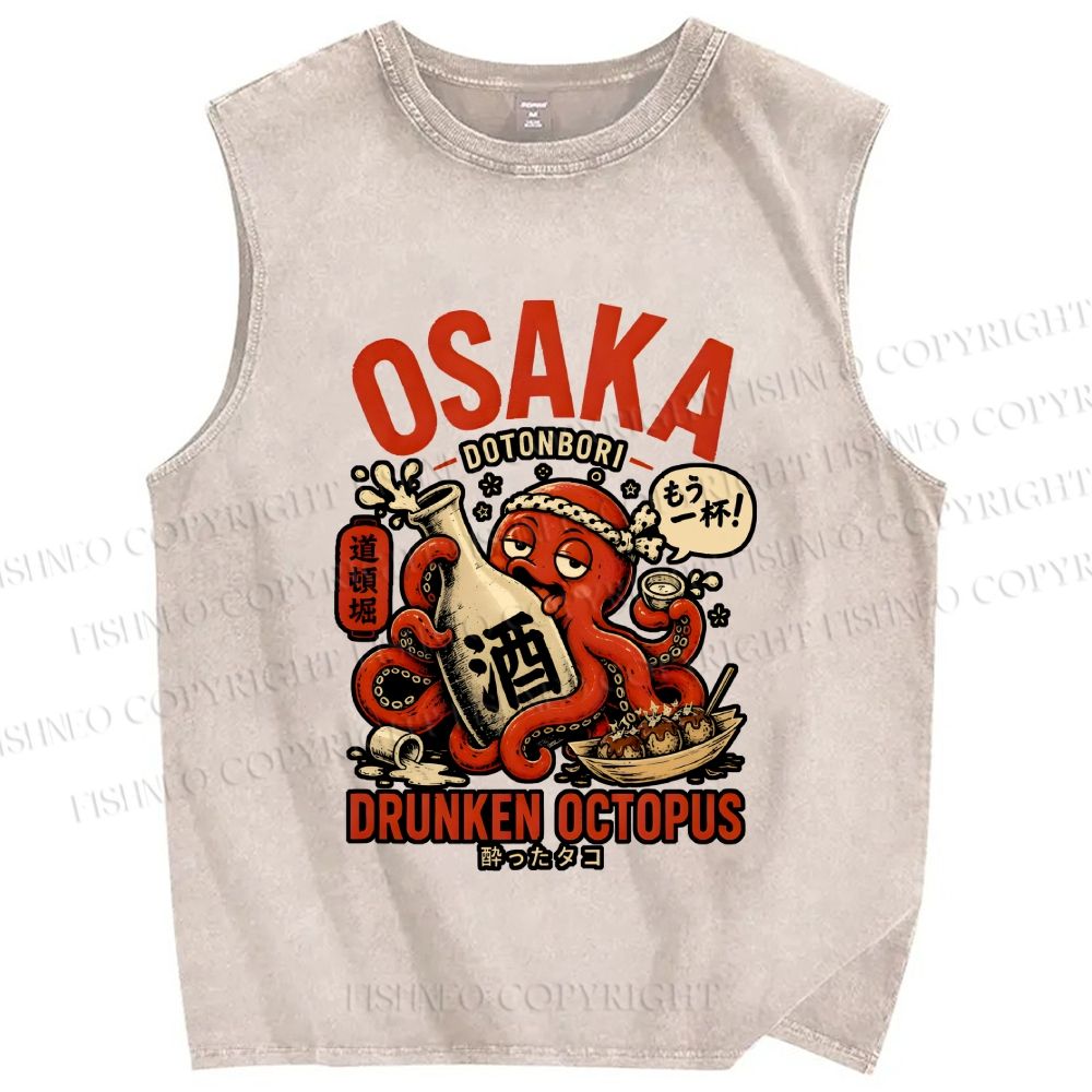 Unisex Japanese Drunken Octopus Osaka Printed Washed Tank Top