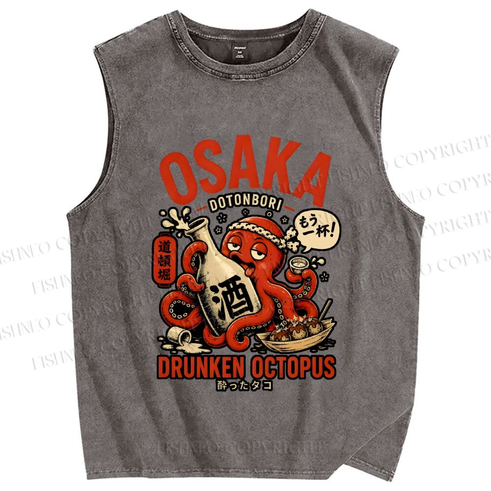 Unisex Japanese Drunken Octopus Osaka Printed Washed Tank Top