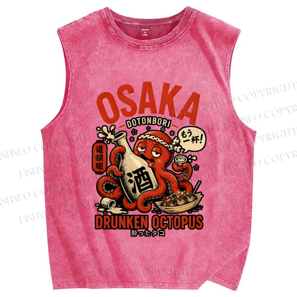 Unisex Japanese Drunken Octopus Osaka Printed Washed Tank Top