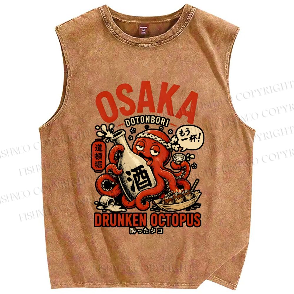Unisex Japanese Drunken Octopus Osaka Printed Washed Tank Top