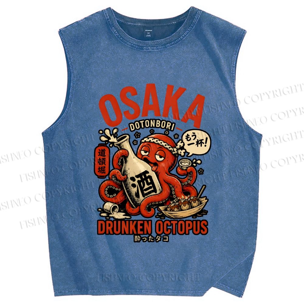 Unisex Japanese Drunken Octopus Osaka Printed Washed Tank Top