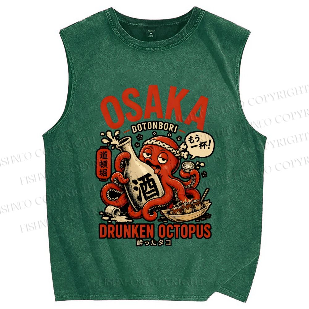 Unisex Japanese Drunken Octopus Osaka Printed Washed Tank Top