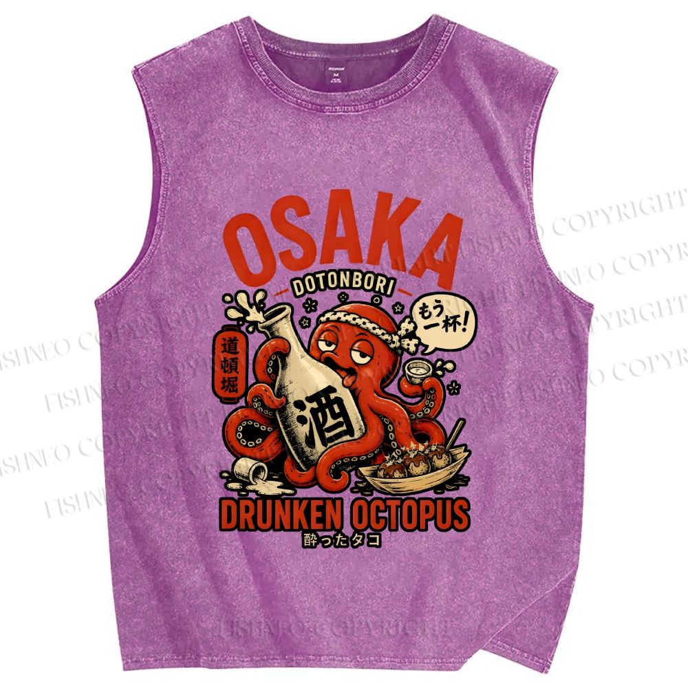 Unisex Japanese Drunken Octopus Osaka Printed Washed Tank Top