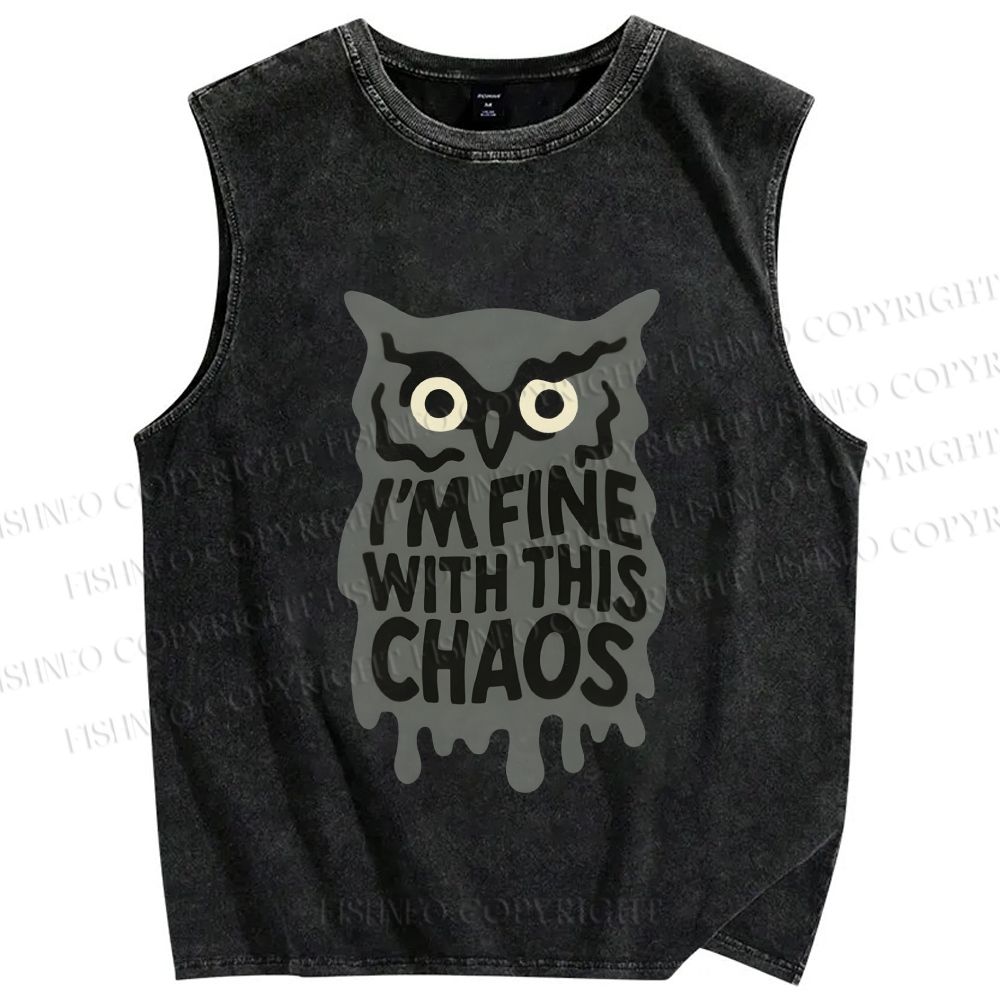 Unisex Owl Fine With This Chaos Printed Washed Tank Top