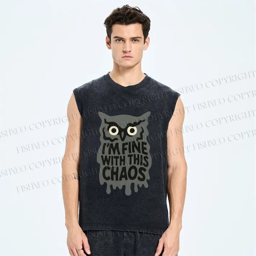 Unisex Owl Fine With This Chaos Printed Washed Tank Top
