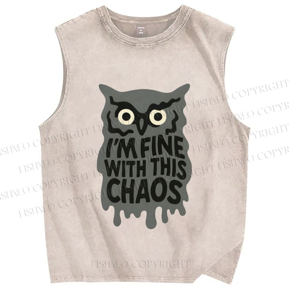 Unisex Owl Fine With This Chaos Printed Washed Tank Top