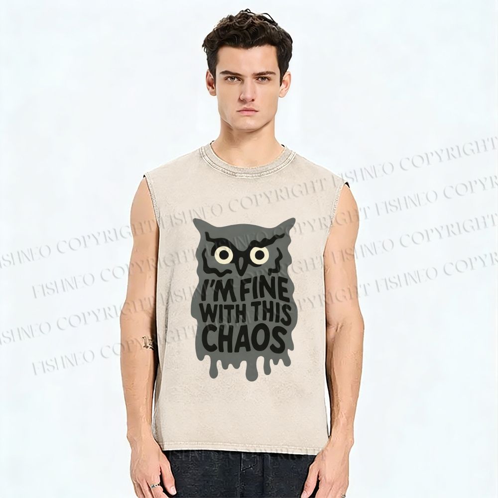 Unisex Owl Fine With This Chaos Printed Washed Tank Top