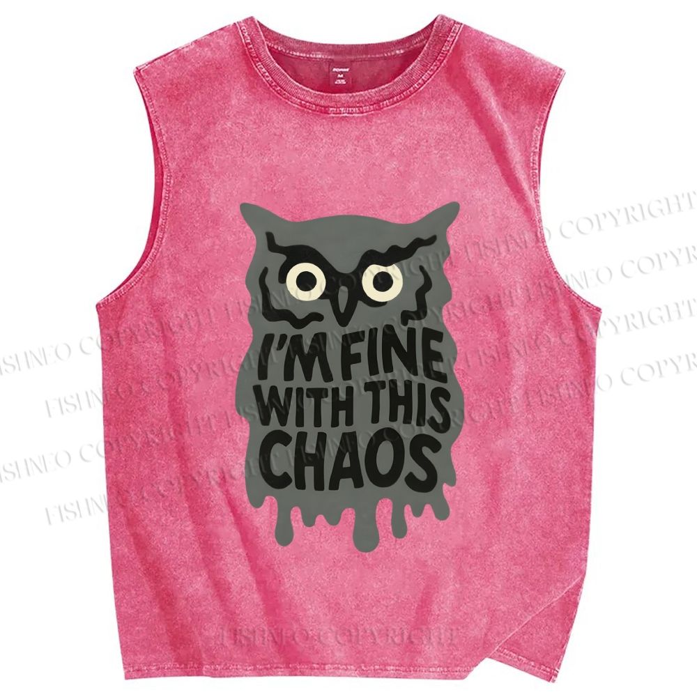Unisex Owl Fine With This Chaos Printed Washed Tank Top