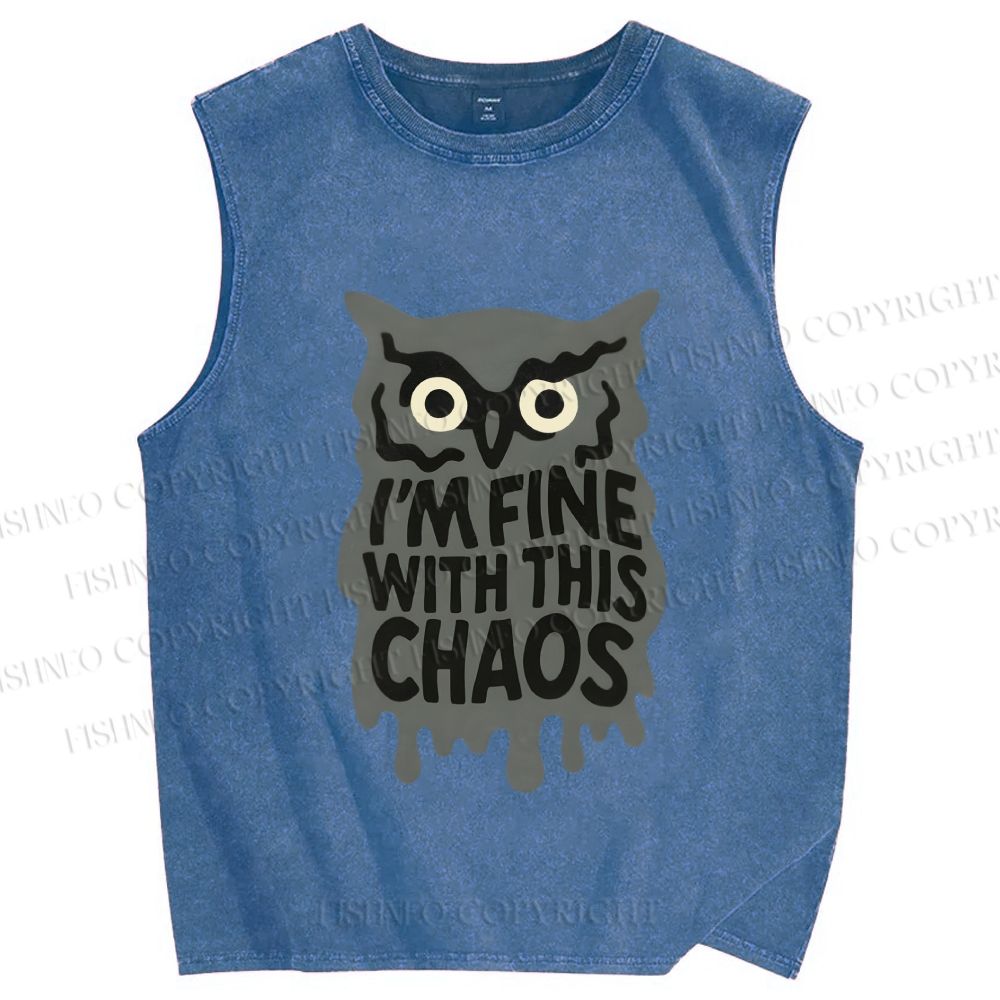 Unisex Owl Fine With This Chaos Printed Washed Tank Top