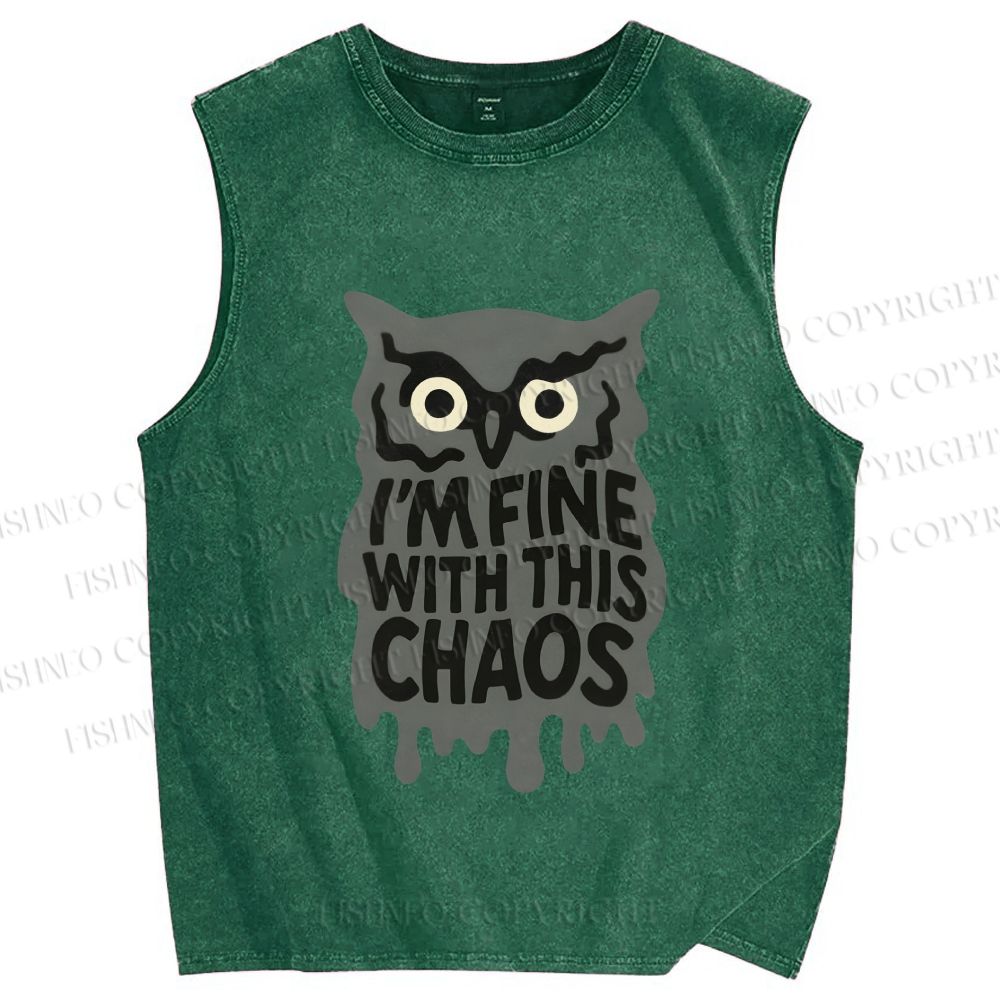 Unisex Owl Fine With This Chaos Printed Washed Tank Top