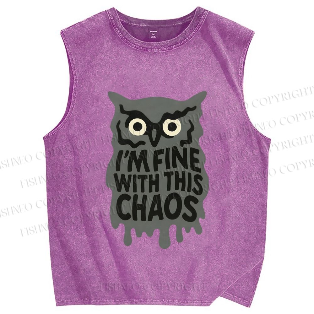 Unisex Owl Fine With This Chaos Printed Washed Tank Top