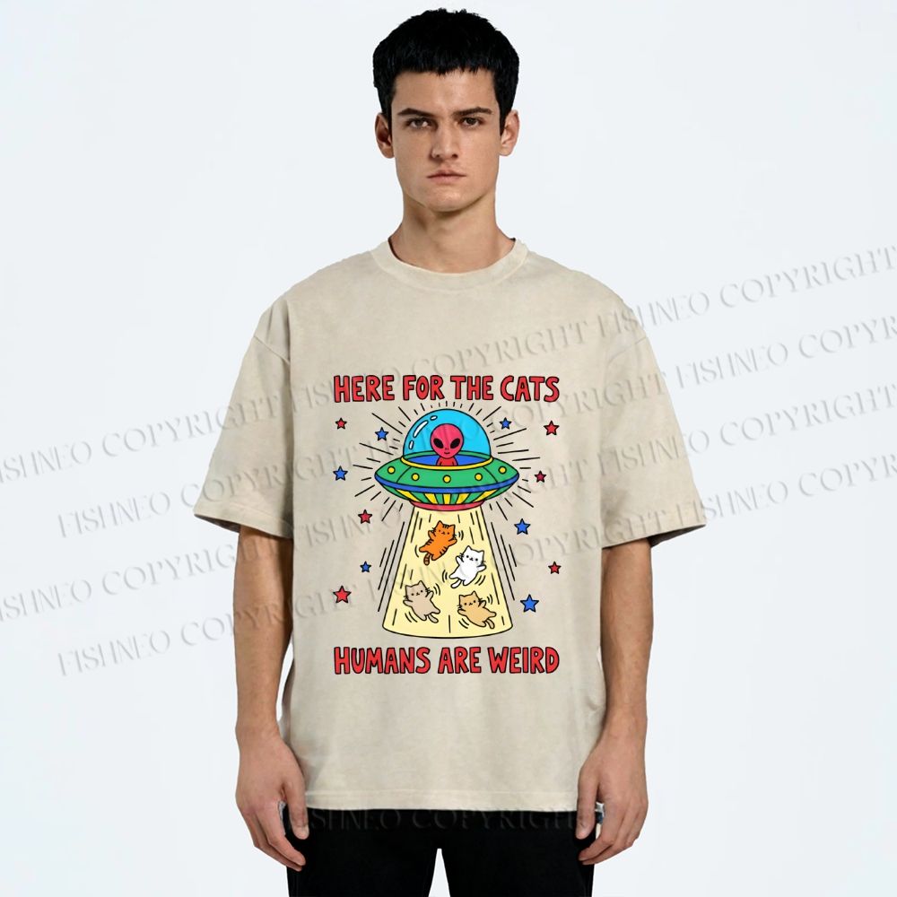 Unisex Here For the Cats Humans are Weird Printed Washed Tee