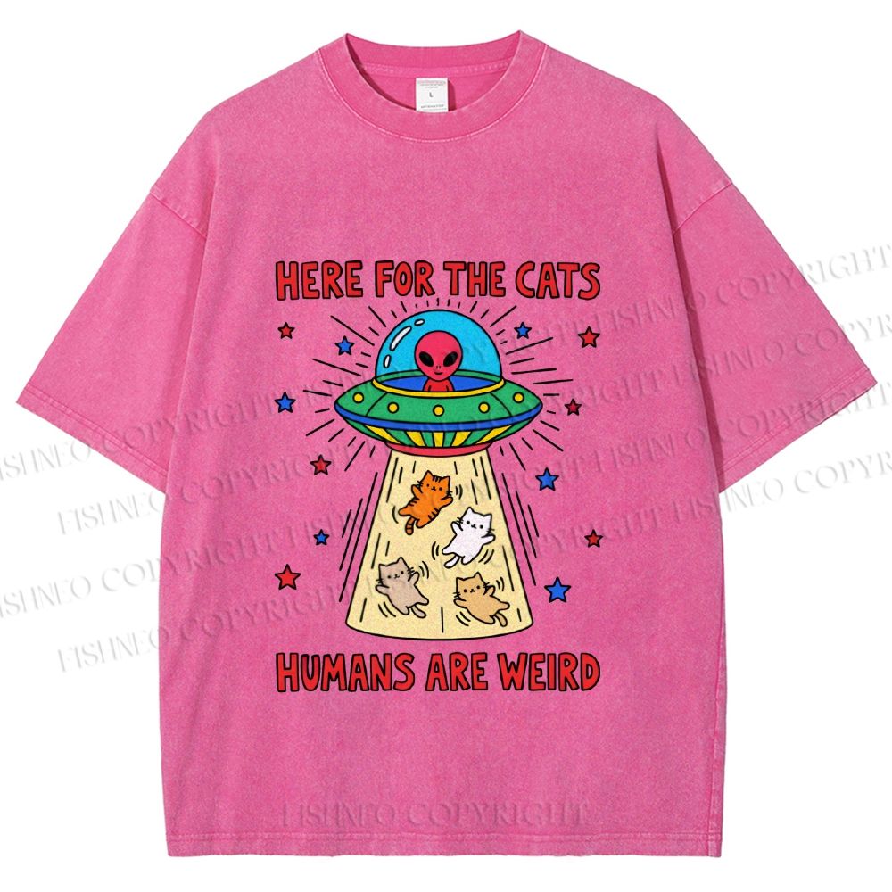 Unisex Here For the Cats Humans are Weird Printed Washed Tee