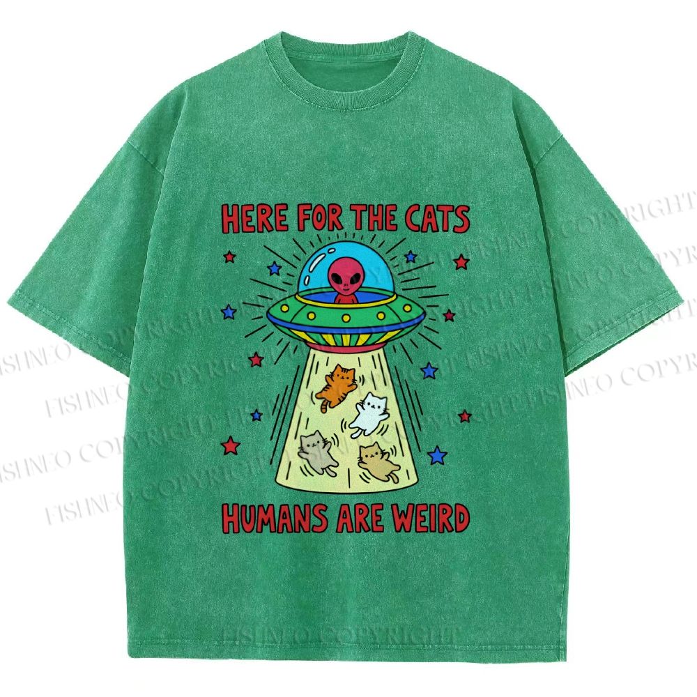 Unisex Here For the Cats Humans are Weird Printed Washed Tee