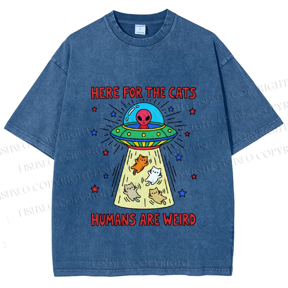 Unisex Here For the Cats Humans are Weird Printed Washed Tee