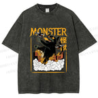 Unisex Giant Black Cat Monster Attack City Printed Washed Tee