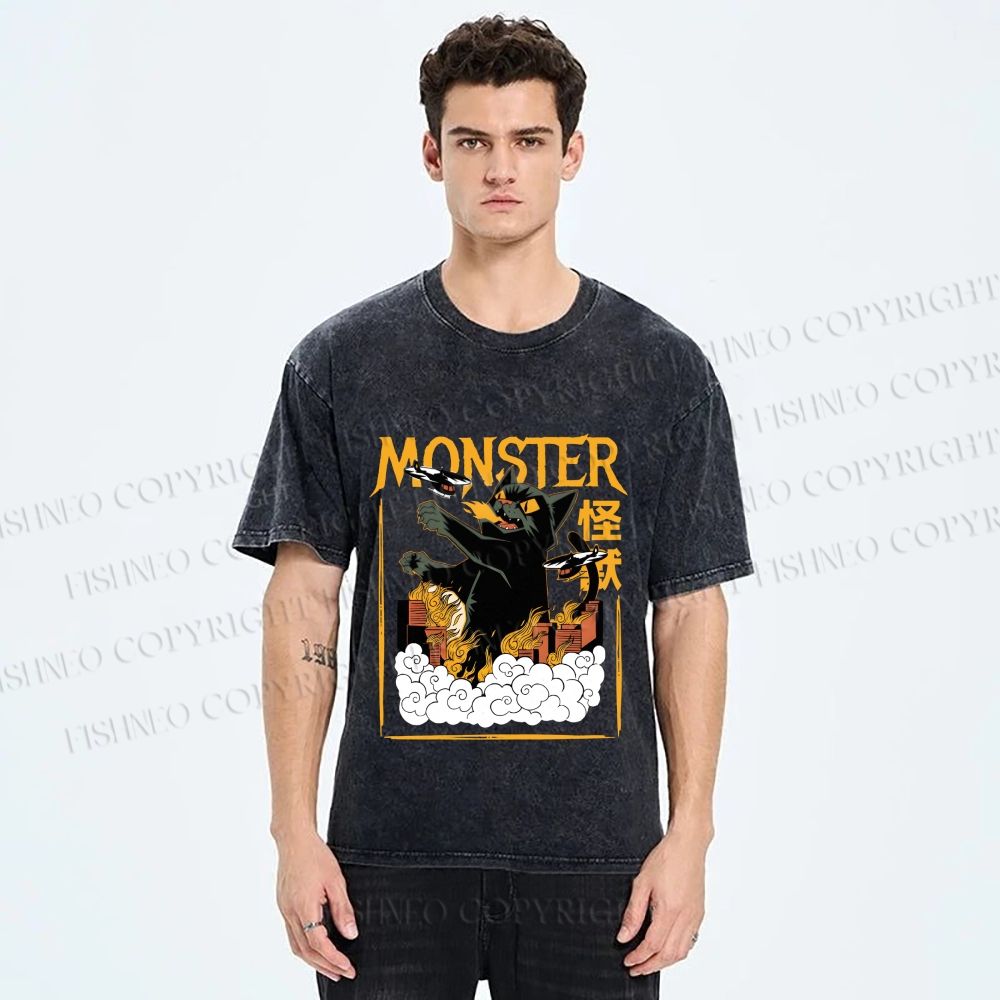 Unisex Giant Black Cat Monster Attack City Printed Washed Tee