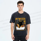 Unisex Giant Black Cat Monster Attack City Printed Washed Tee
