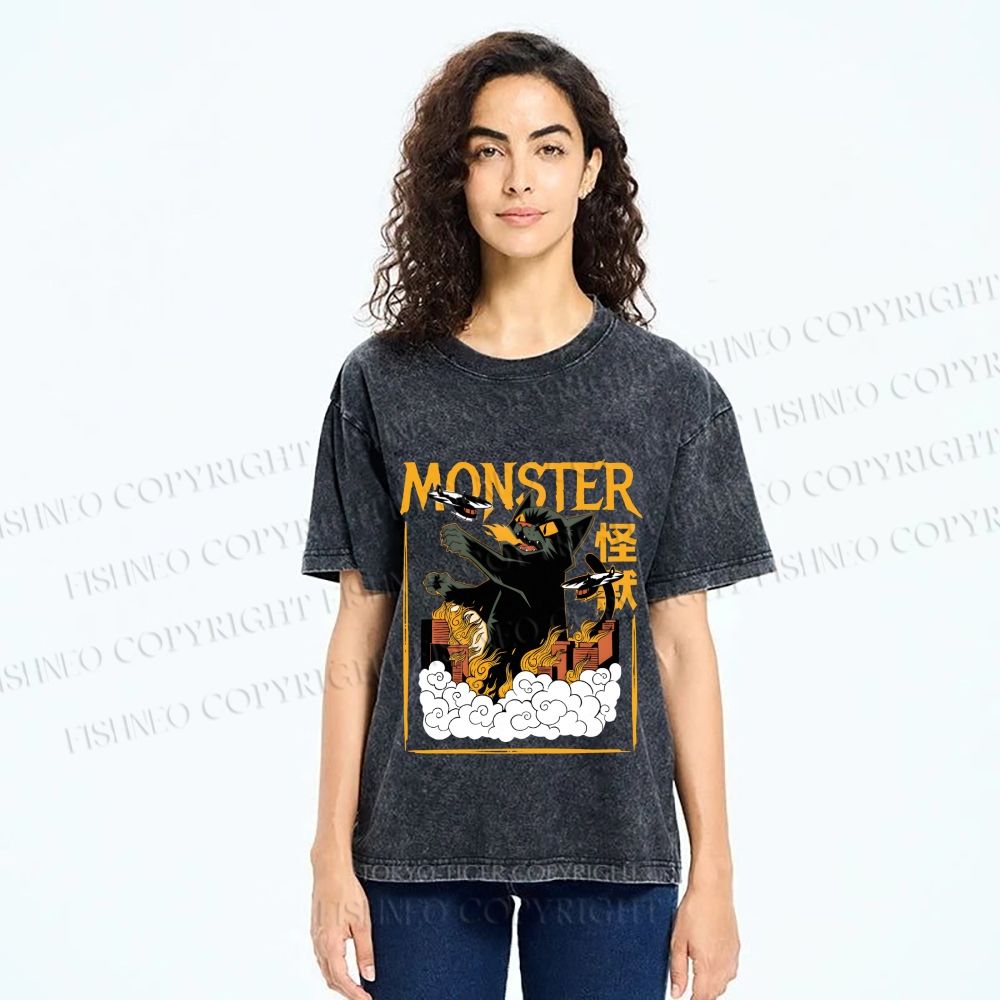 Unisex Giant Black Cat Monster Attack City Printed Washed Tee