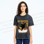 Unisex Giant Black Cat Monster Attack City Printed Washed Tee