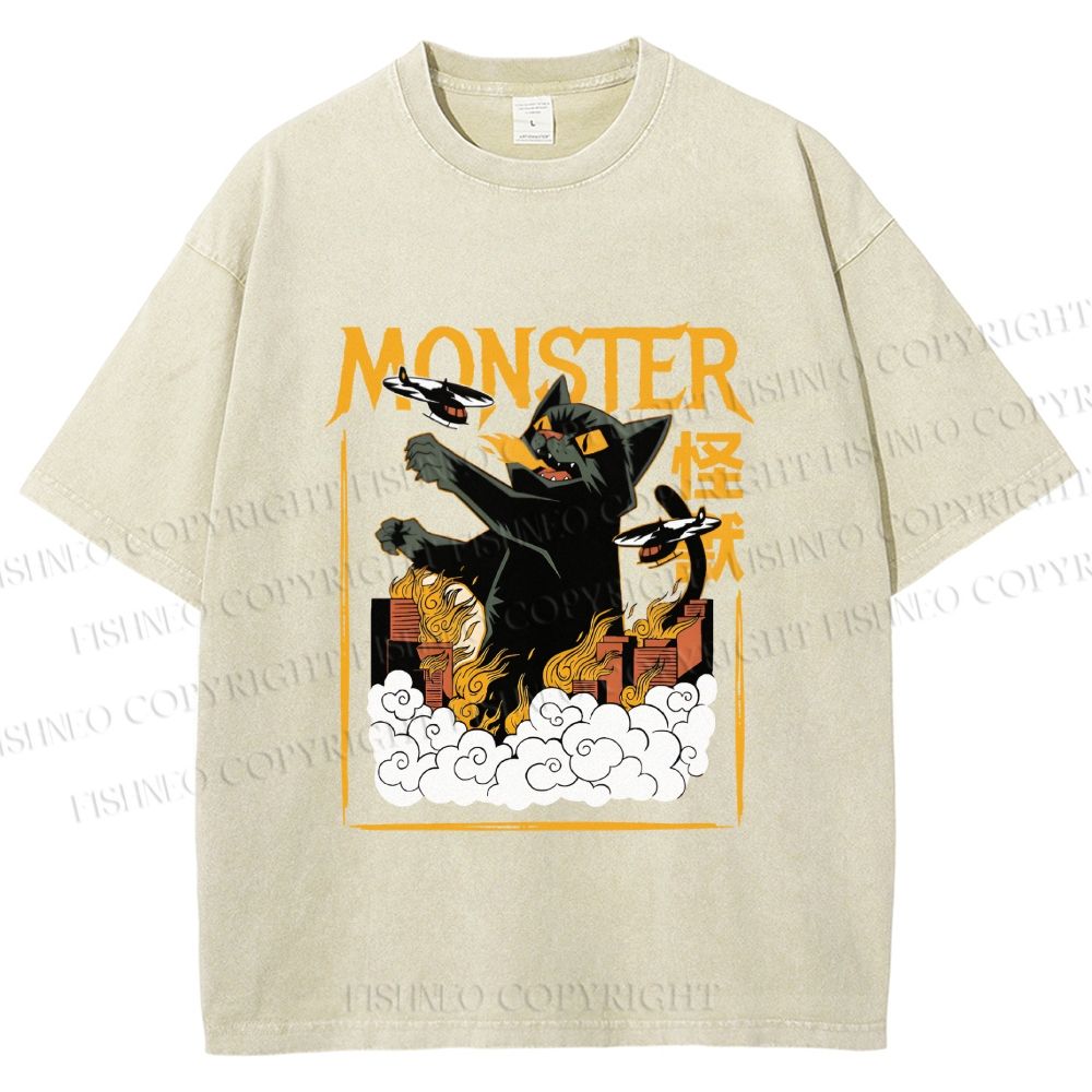 Unisex Giant Black Cat Monster Attack City Printed Washed Tee