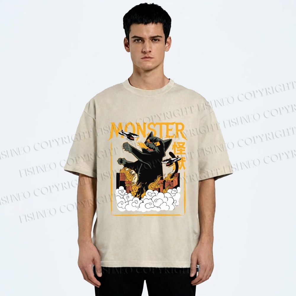 Unisex Giant Black Cat Monster Attack City Printed Washed Tee