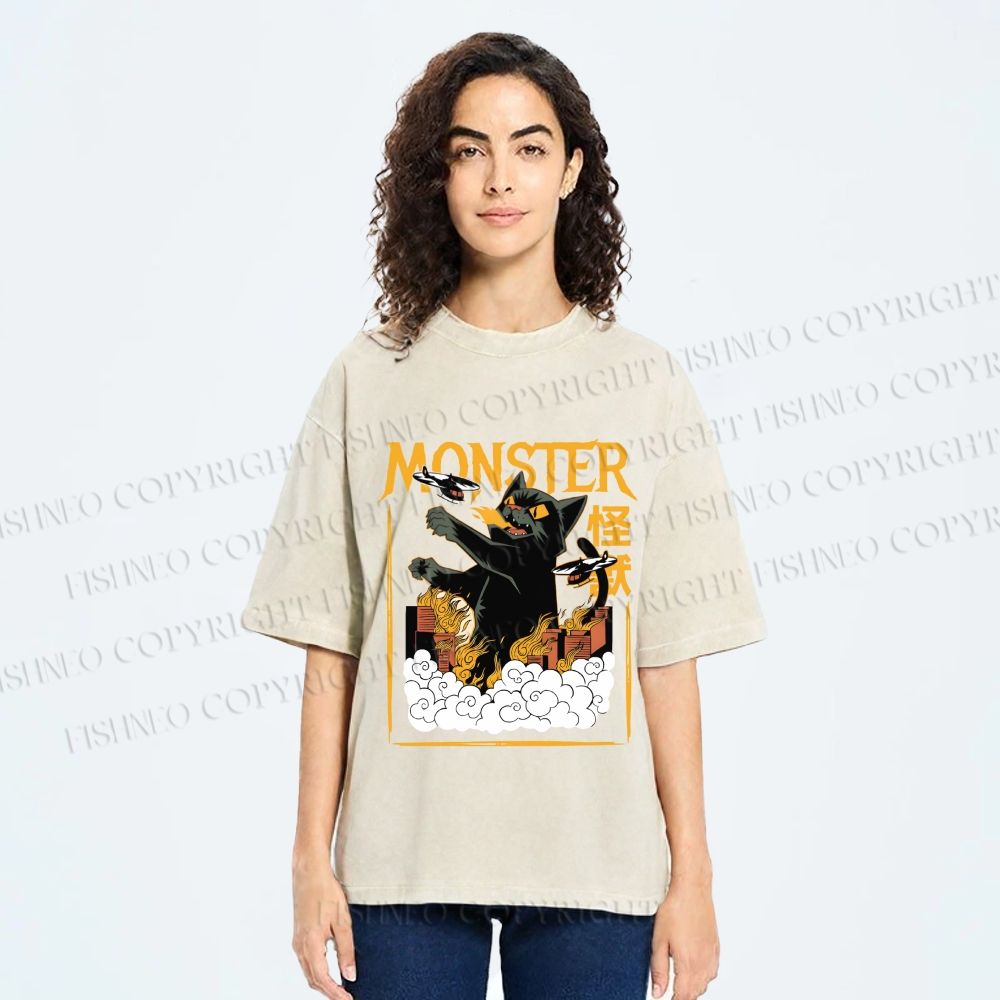 Unisex Giant Black Cat Monster Attack City Printed Washed Tee