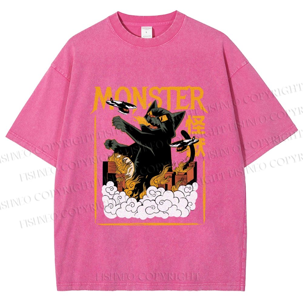 Unisex Giant Black Cat Monster Attack City Printed Washed Tee