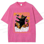 Unisex Giant Black Cat Monster Attack City Printed Washed Tee