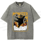 Unisex Giant Black Cat Monster Attack City Printed Washed Tee