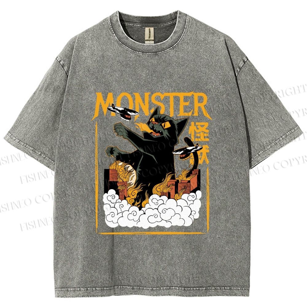 Unisex Giant Black Cat Monster Attack City Printed Washed Tee