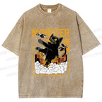 Unisex Giant Black Cat Monster Attack City Printed Washed Tee