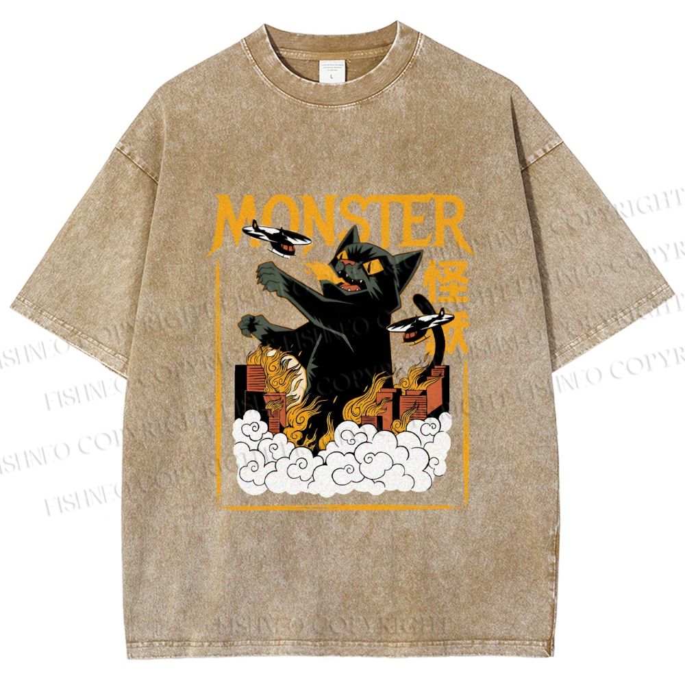 Unisex Giant Black Cat Monster Attack City Printed Washed Tee