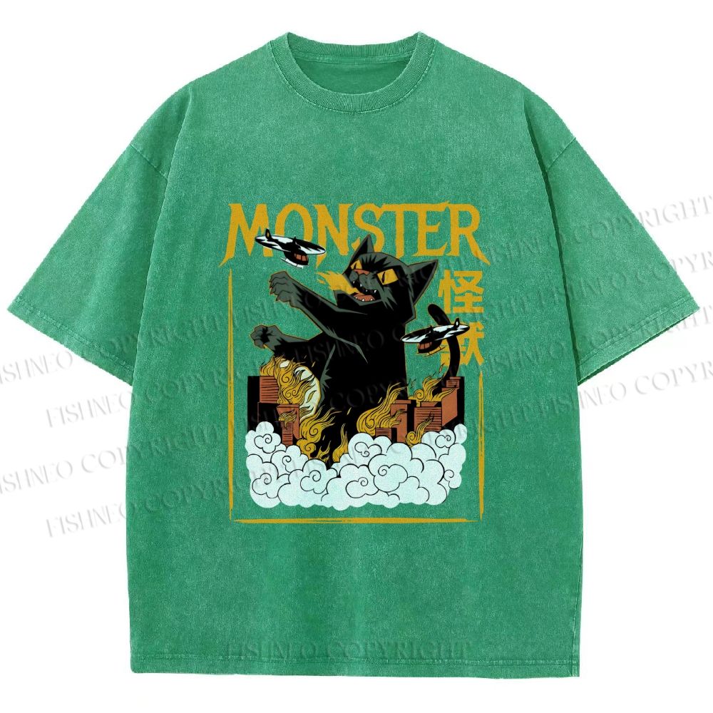Unisex Giant Black Cat Monster Attack City Printed Washed Tee