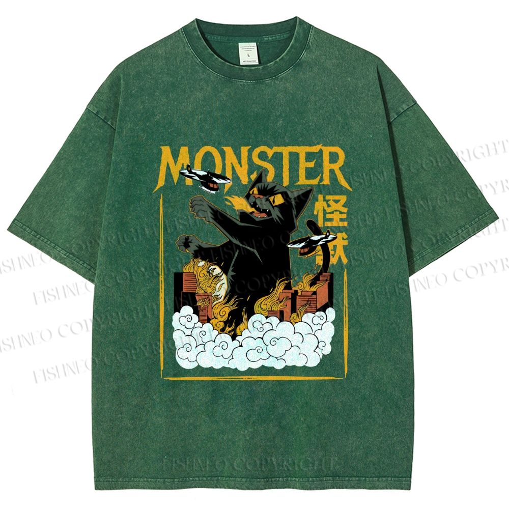 Unisex Giant Black Cat Monster Attack City Printed Washed Tee