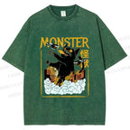 Unisex Giant Black Cat Monster Attack City Printed Washed Tee
