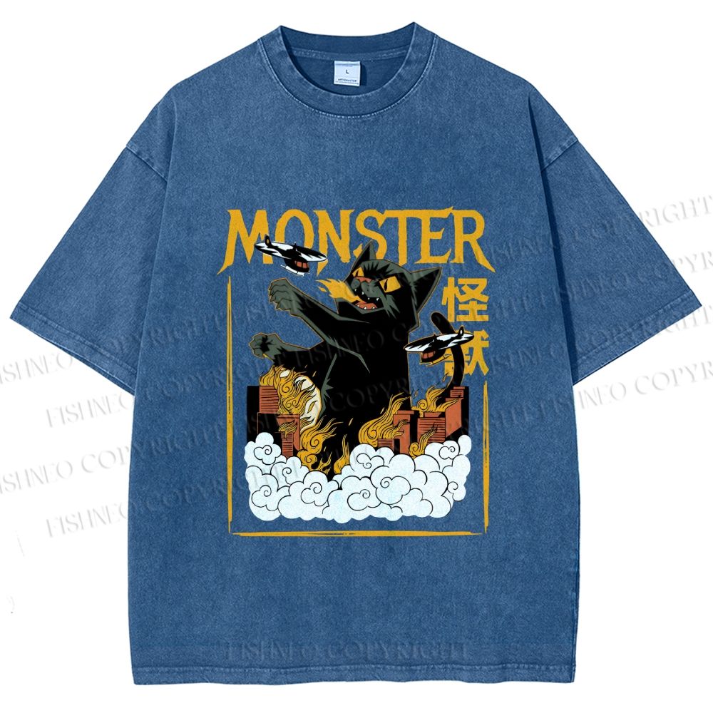 Unisex Giant Black Cat Monster Attack City Printed Washed Tee