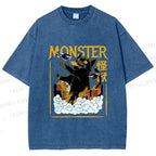 Unisex Giant Black Cat Monster Attack City Printed Washed Tee