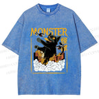 Unisex Giant Black Cat Monster Attack City Printed Washed Tee