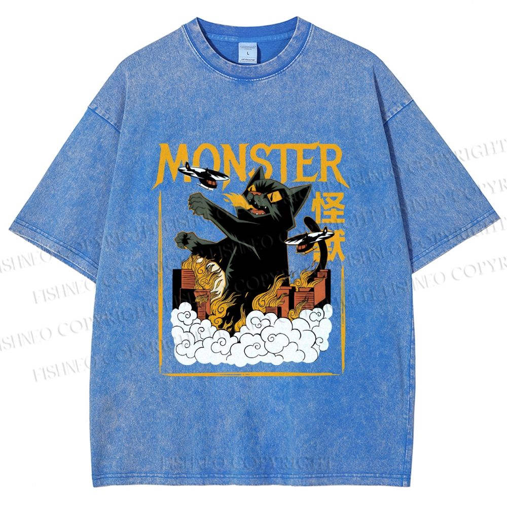 Unisex Giant Black Cat Monster Attack City Printed Washed Tee