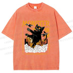Unisex Giant Black Cat Monster Attack City Printed Washed Tee